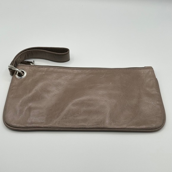 HOBO International Leather Wristlet Clutch Bag Taupe Zip Pouch Organizer - Picture 2 of 8